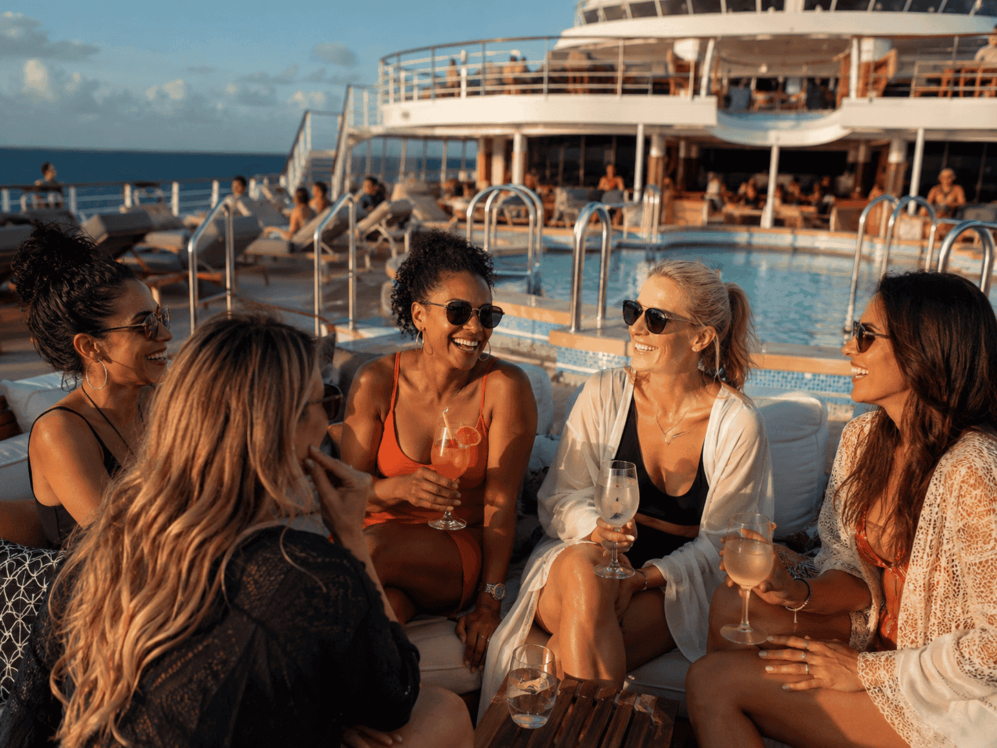 Group of women friends relaxing on a cruise ship pool deck during a fall girlfriend getaway cruise