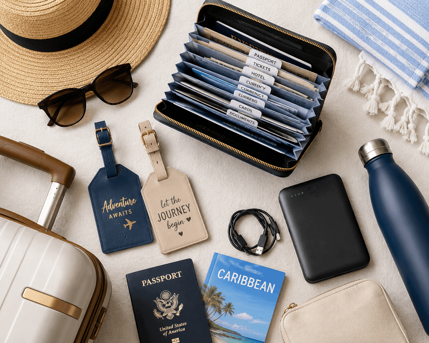 Flat lay of packing essentials for a Missouri group trip, including luggage tags and a document organizer