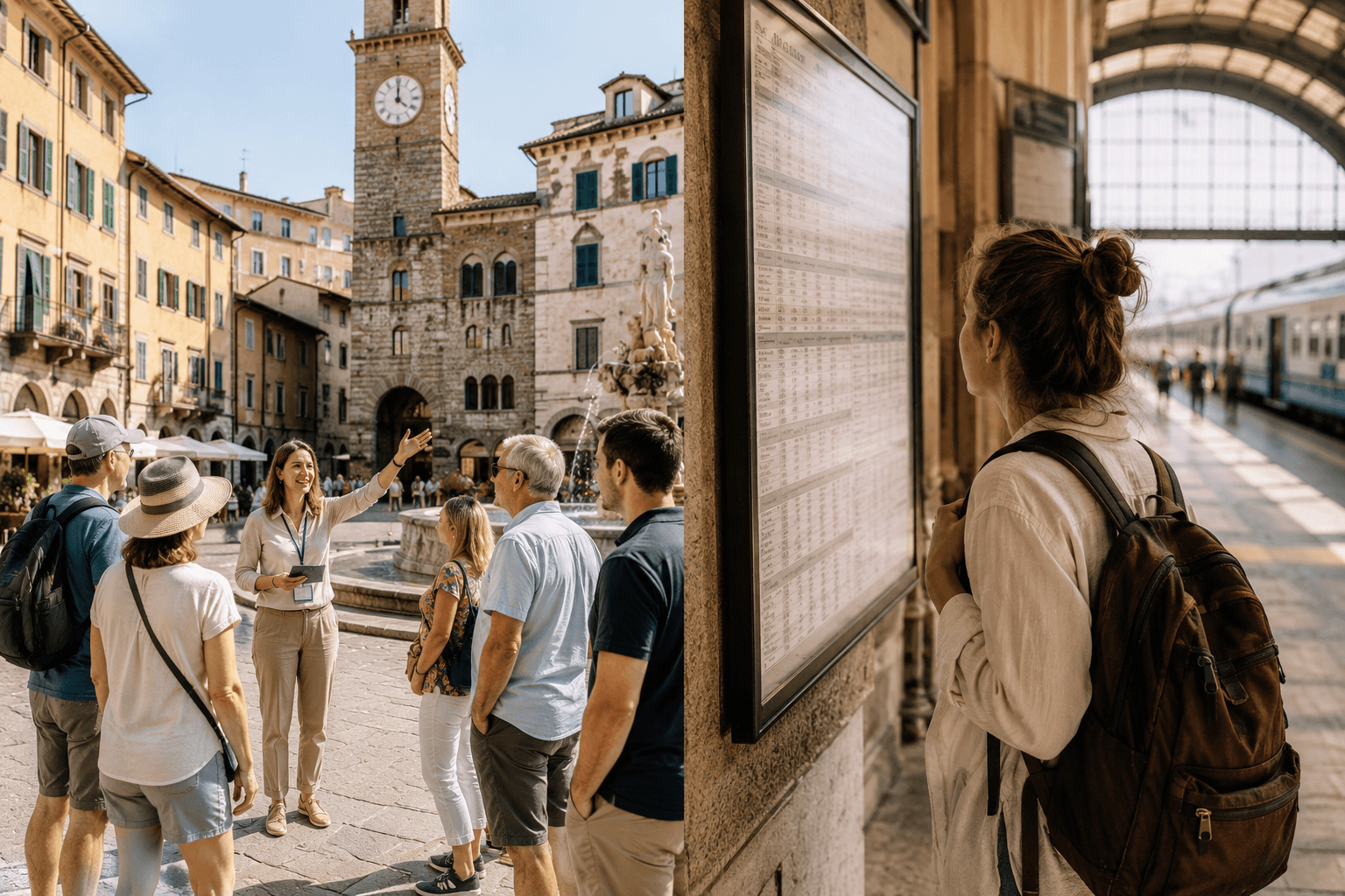 Split scene of a small guided tour group walking through an Italian piazza next to a solo traveler checking a train schedule, representing the guided Italy tour vs independent travel decision
