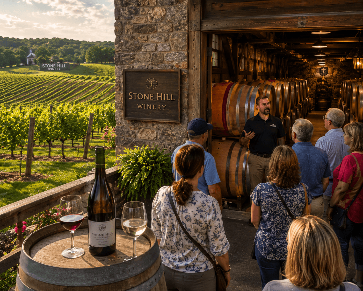 Vineyard rows at Stone Hill Winery in Hermann, Missouri during a group wine tour