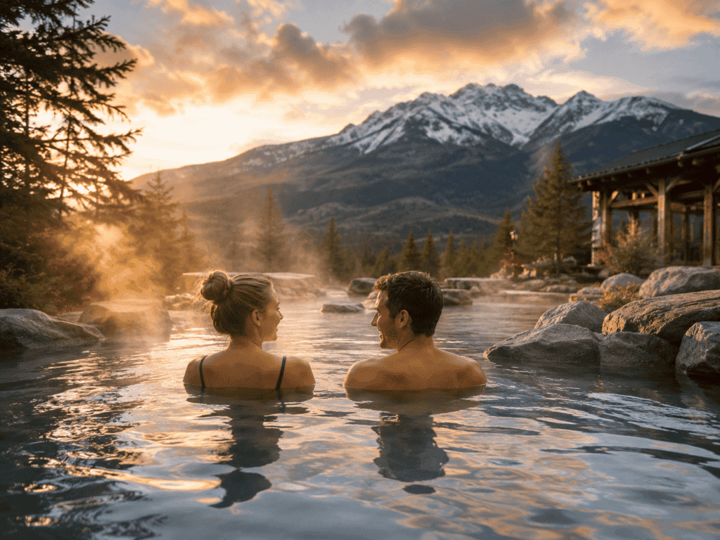 Couple soaking in a steaming hot spring at sunset with snow-capped mountains behind them