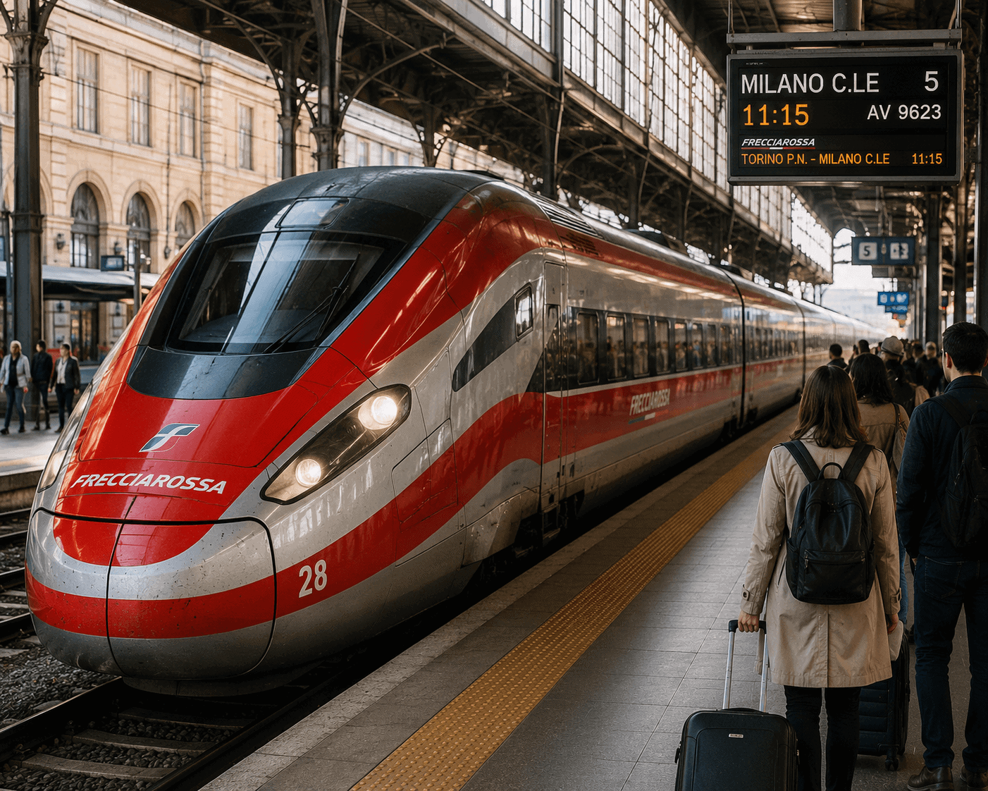Frecciarossa high-speed train arriving at an Italian station platform, showing how independent travelers get between cities without a car
