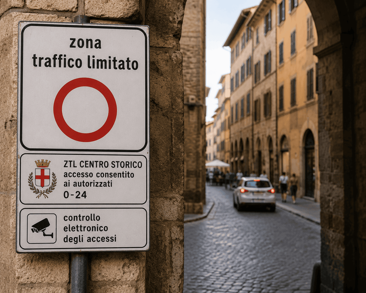 Close-up of a Zona a Traffico Limitato (ZTL) restricted traffic zone sign posted at the entrance to an Italian historic center