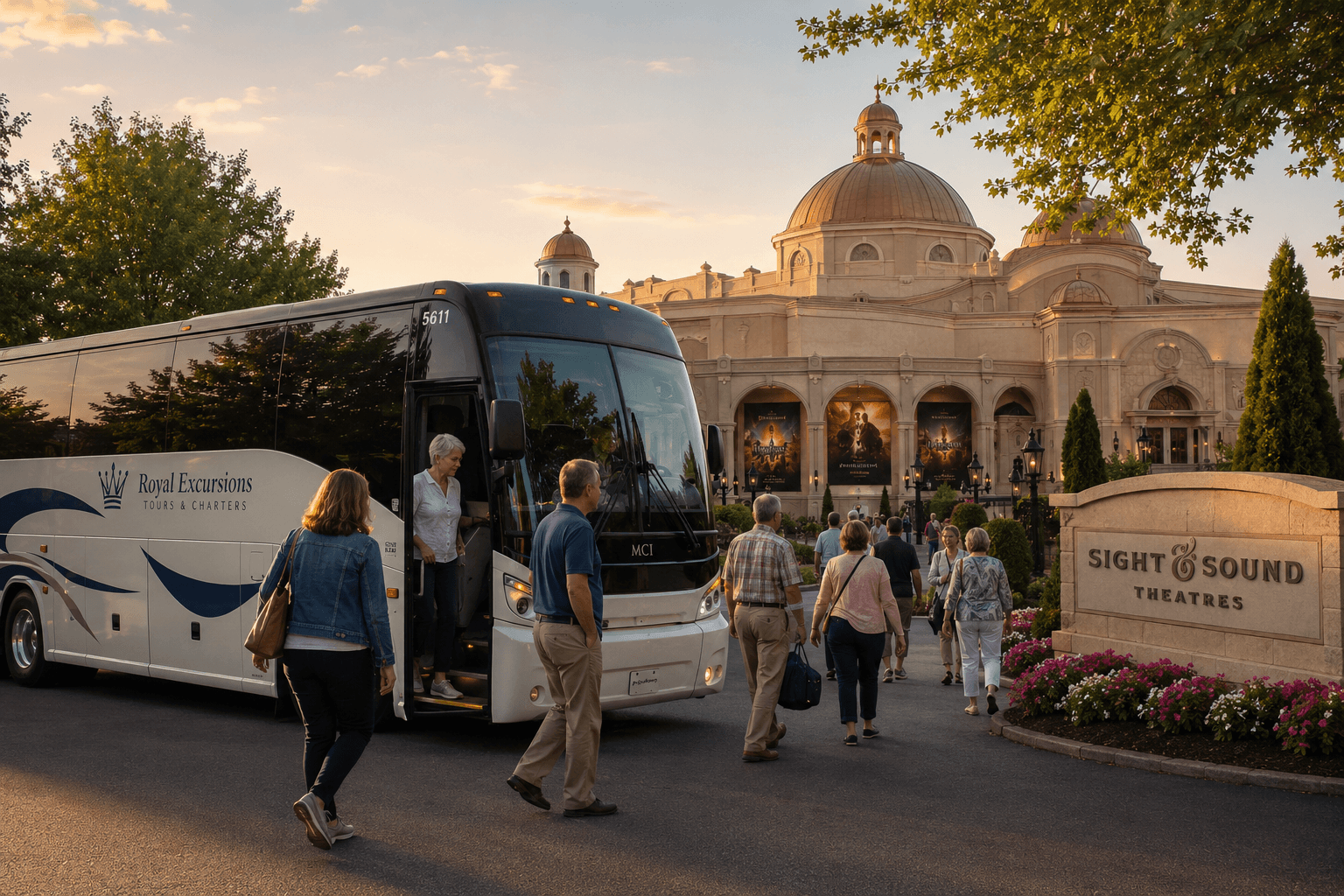 Motorcoach group tour arriving in Branson, Missouri for a planned group trip