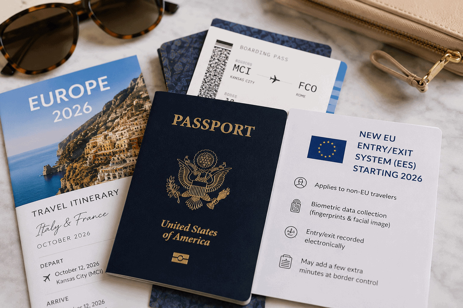 Passport and travel documents laid out for a 2026 trip to Europe, reflecting new EU entry and exit system rules