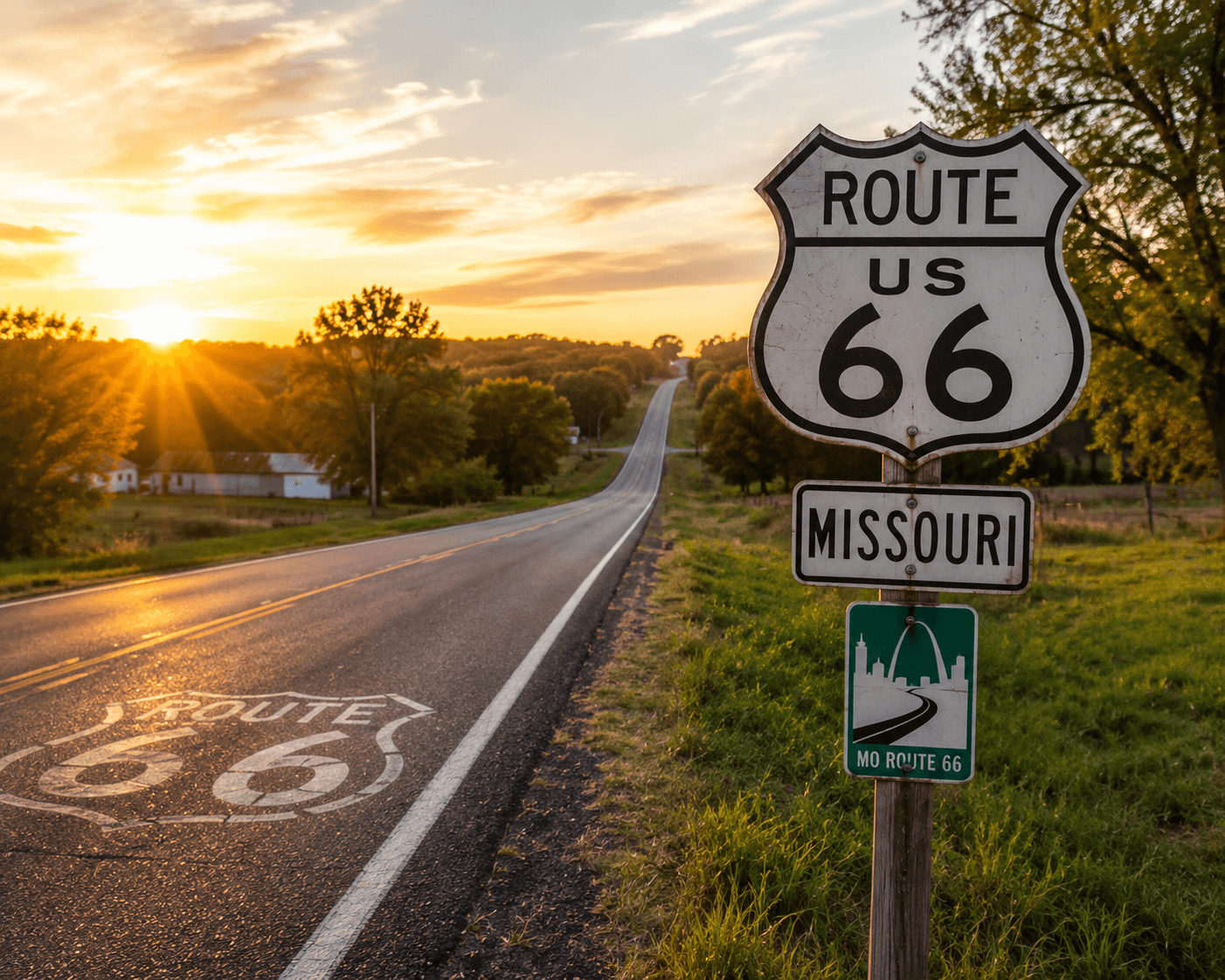 Historic Route 66 shield sign along the Missouri stretch of the Mother Road