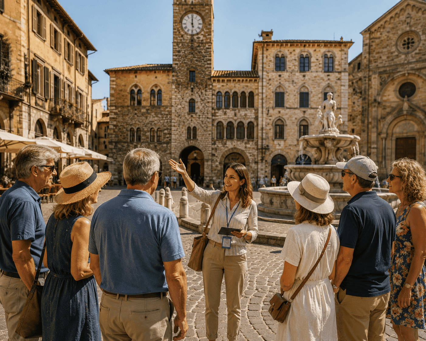 Tour guide leading a small group of travelers through a historic Italian piazza, illustrating a small-group escorted Italy tour