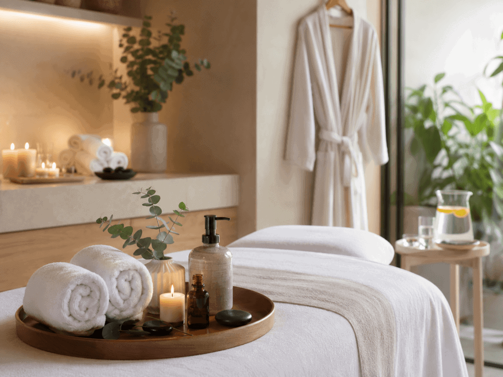 Spa treatment room with a massage table, rolled towels and candles for a relaxing spa excursion
