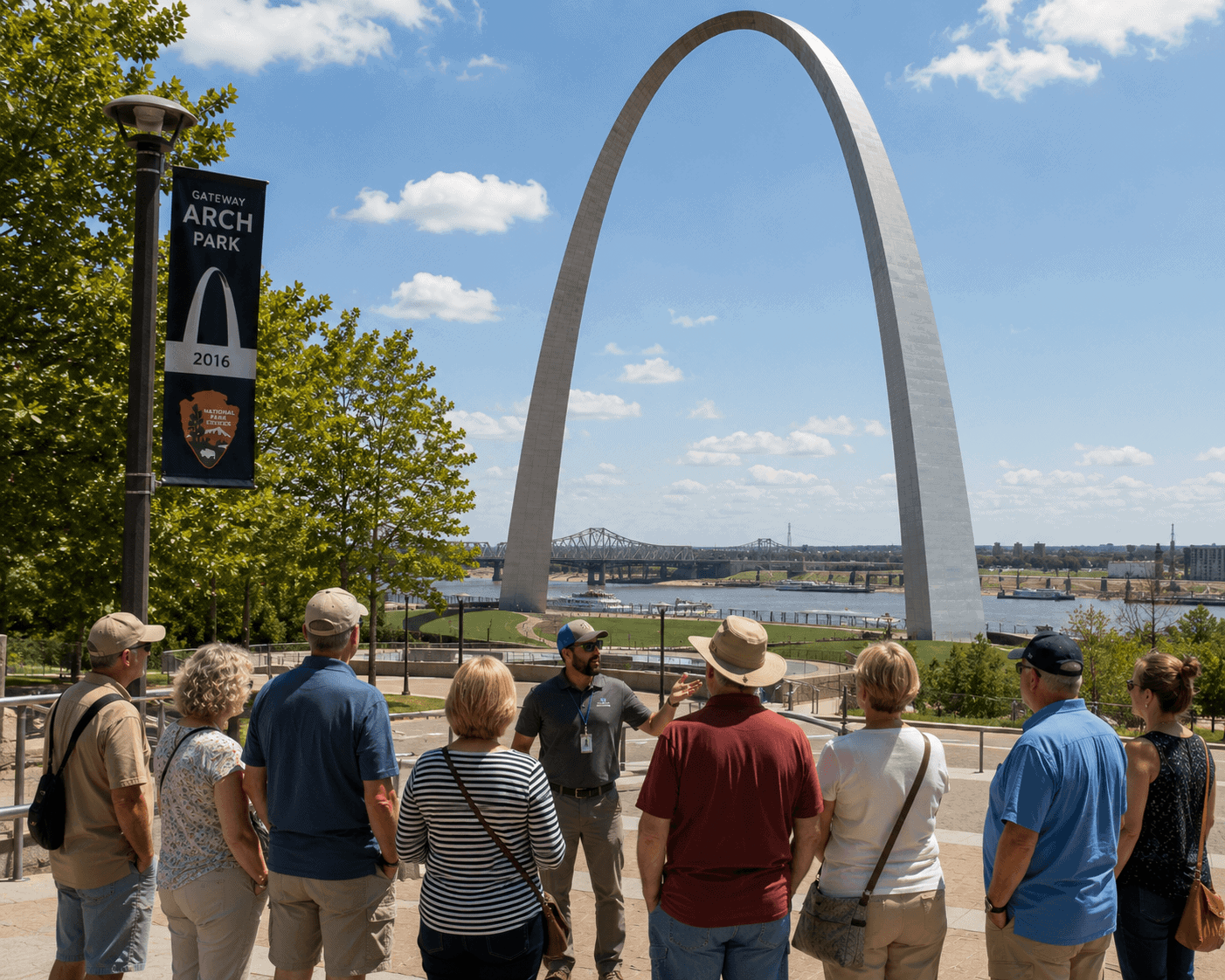Group of travelers near the Gateway Arch in St. Louis, Missouri