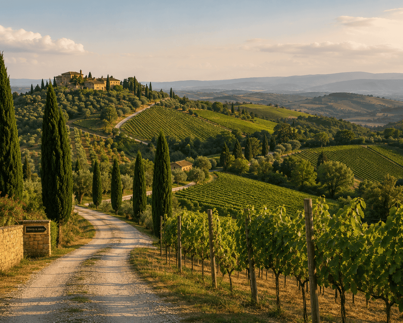 Rolling Tuscan countryside with a small vineyard road, representing independent and hybrid Italy travel styles outside major cities