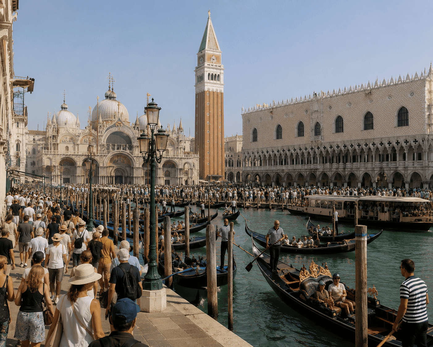 Crowded Venice canal and gondolas near St. Mark's Square, illustrating the overtourism pressure behind Venice's 2026 day-tripper entry fee