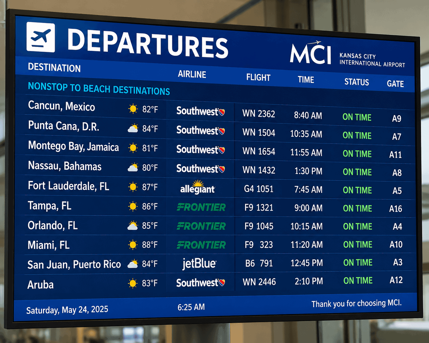 Where Kansas City Travelers Love to Vacation: The Beach Trips Worth Booking Departures board at Kansas City International Airport showing nonstop beach destinations, illustrating where Kansas City travelers love to vacation