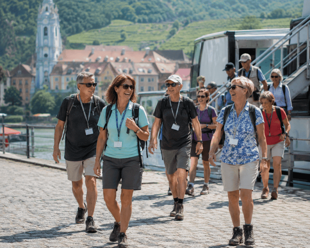 Active travelers disembarking a European river cruise ship for a morning hiking excursion