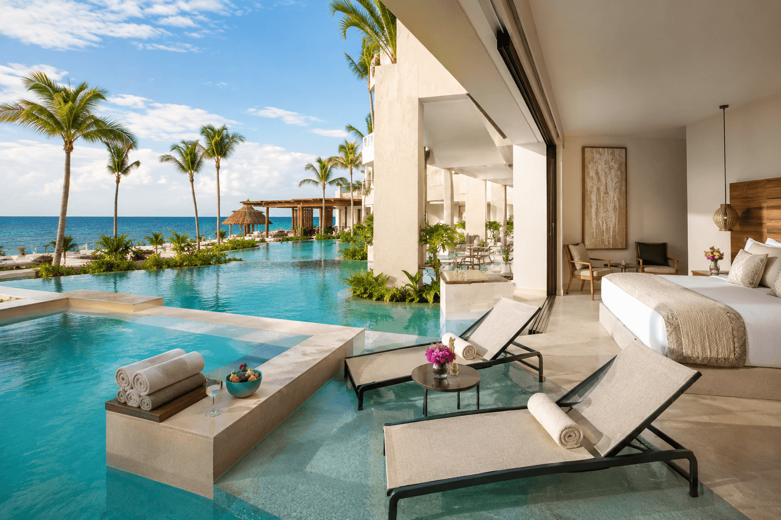 Swim-up suite with private terrace and plunge pool at an adults-only all-inclusive resort in Mexico