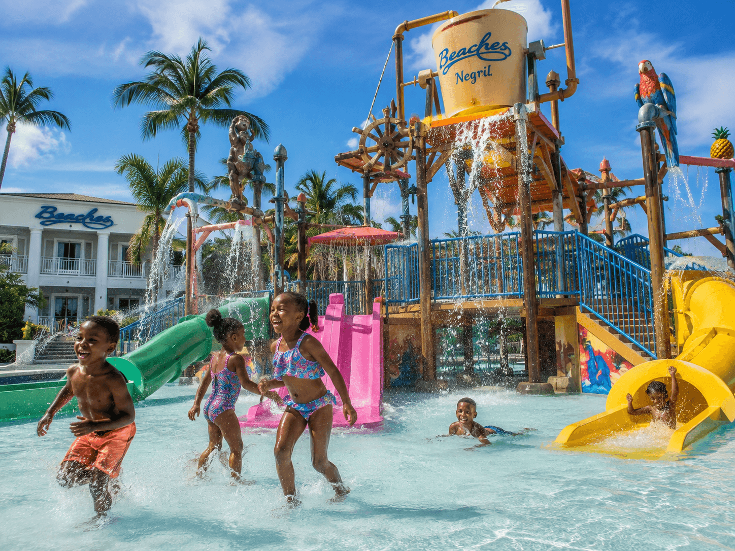 Children playing at the waterpark at Beaches Negril family all-inclusive resort in Jamaica