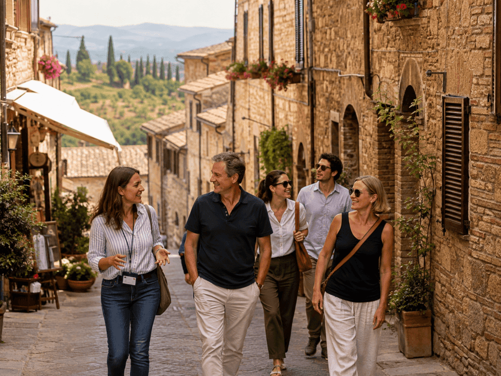 Small group of travelers walking a narrow street in a Tuscan hill town on an Italy tour