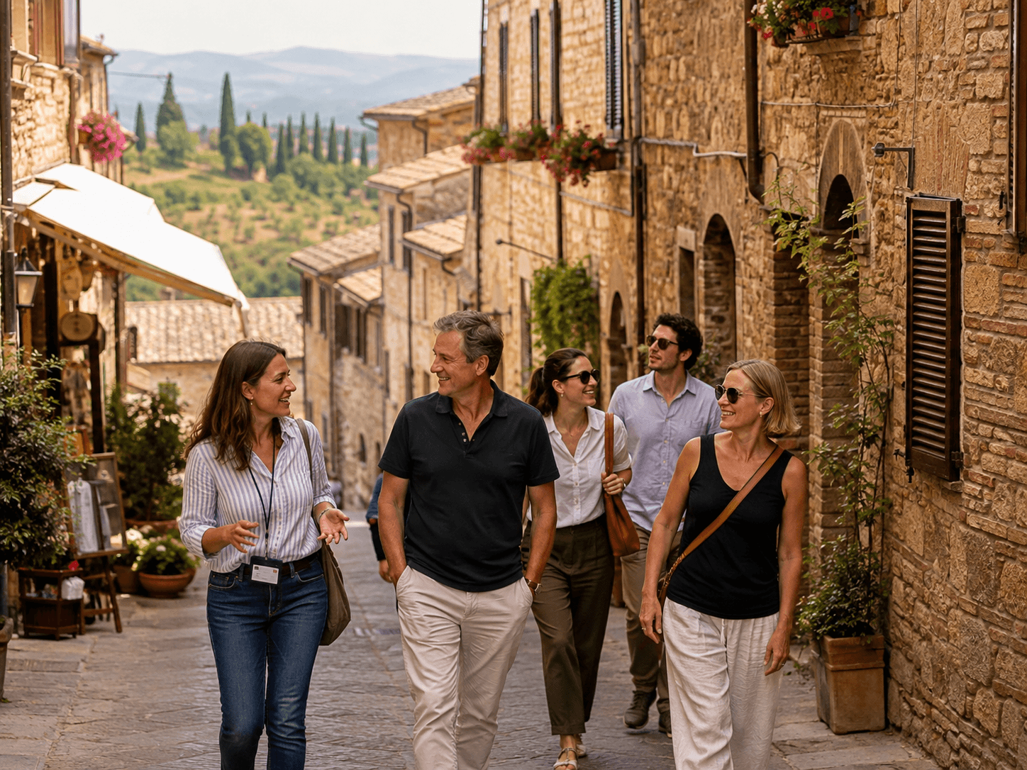 Small group of travelers walking a narrow street in a Tuscan hill town on an Italy tour