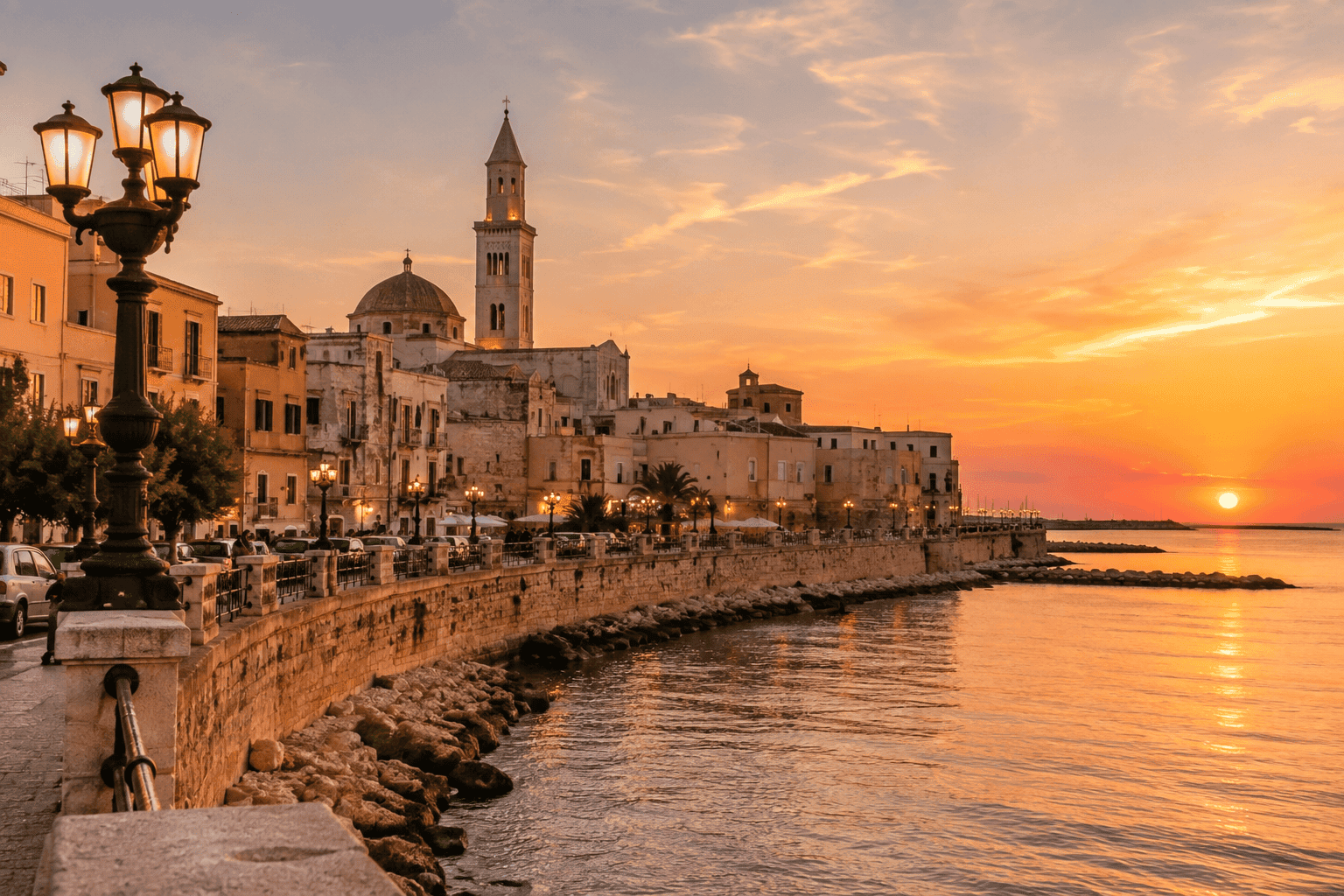 Bari old town waterfront at sunset, the arrival point for the new Newark nonstop on a best southern Italy trip