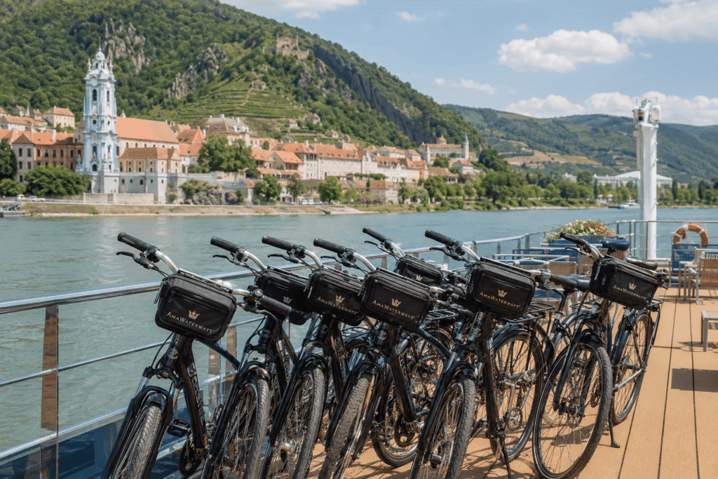 Bicycles stored on the sun deck of an AmaWaterways river cruise ship ready for port excursions