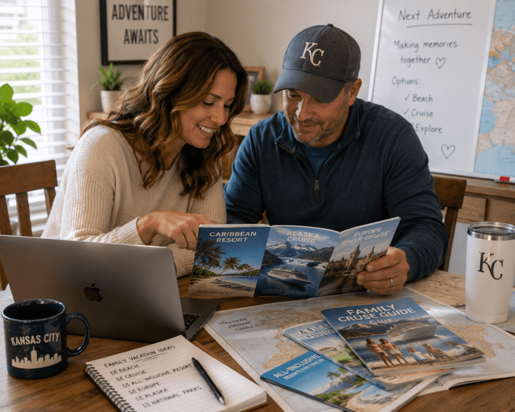 Kansas City parents comparing family vacation options while planning a trip