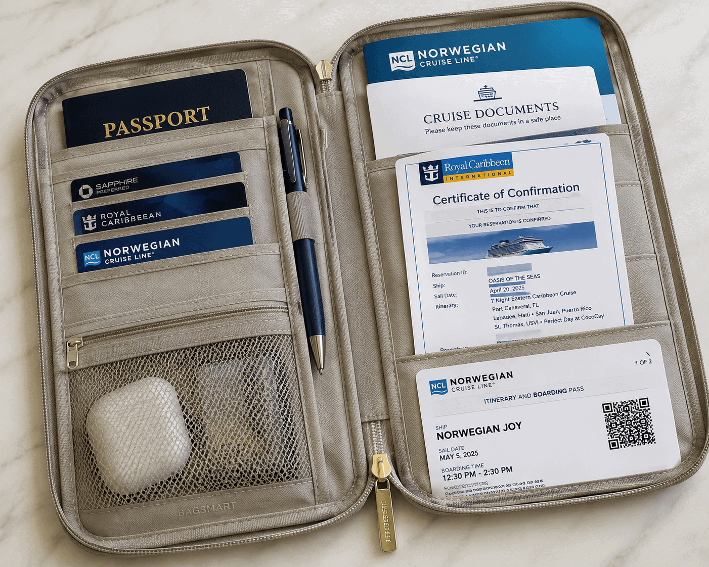 Zippered travel document organizer holding cruise documents, passports and printed certificate confirmations