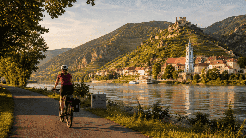 Cyclist on the Danube Cycle Path below Durnstein castle in the Wachau Valley, Austria