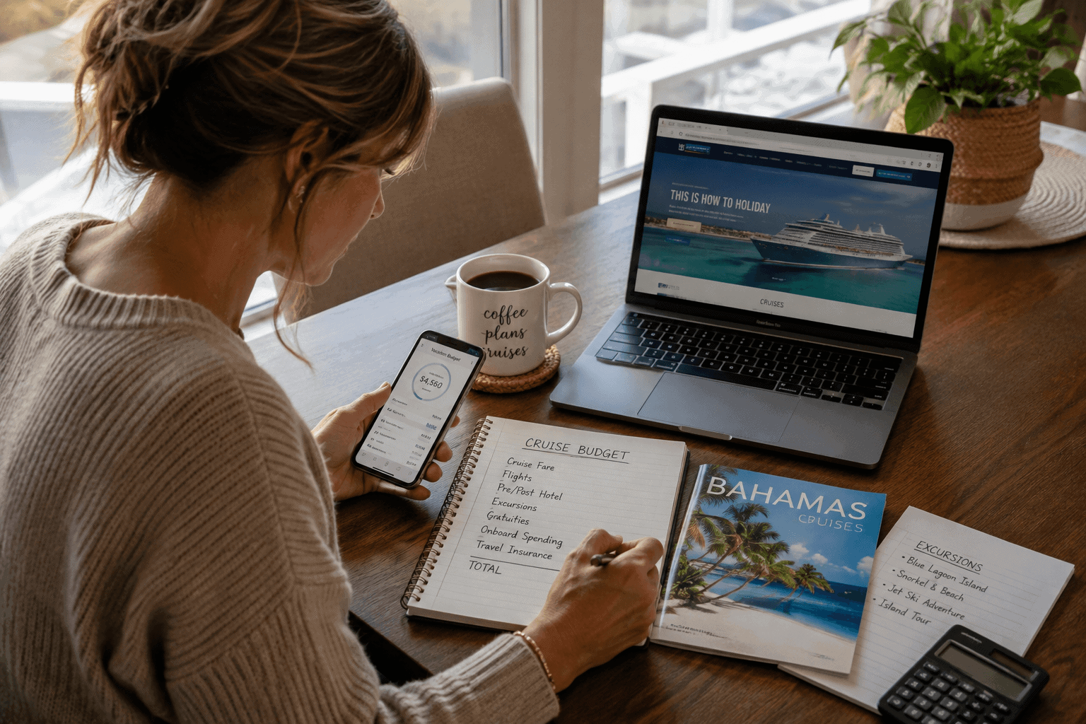 Parent planning a family cruise budget and comparing Norwegian and Royal Caribbean daily service charges