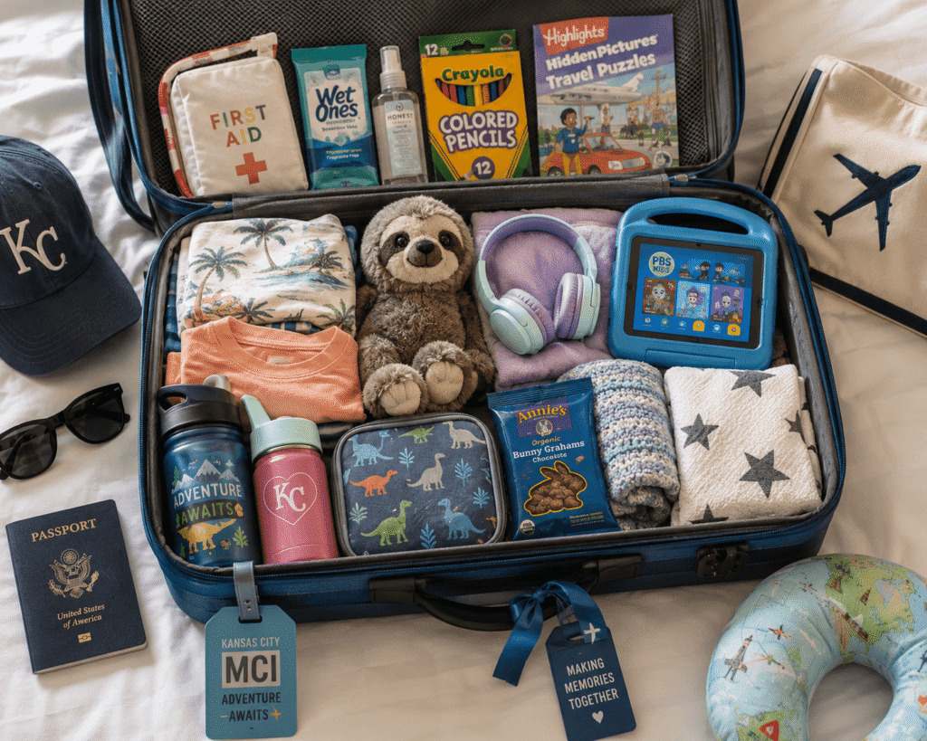 Packed suitcase with kids' travel essentials for a family vacation from Kansas City