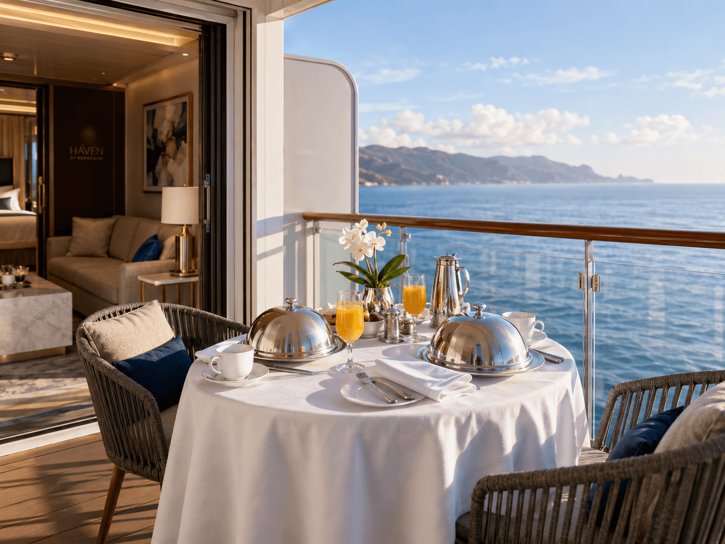 Balcony breakfast table set with coffee and covered plates in an NCL Haven suite