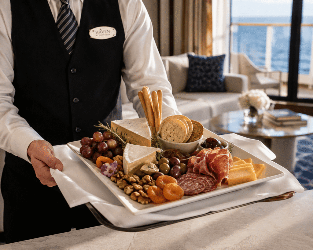Afternoon cheese and charcuterie plate delivered by a Haven butler to a suite