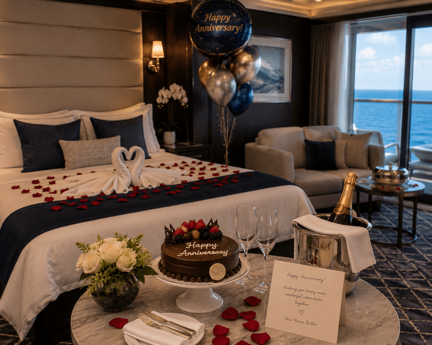 Anniversary cake and decorations arranged by a Haven butler in a Norwegian suite