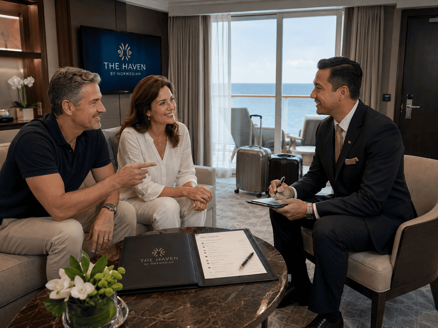 Haven guest talking through preferences with their butler on embarkation day