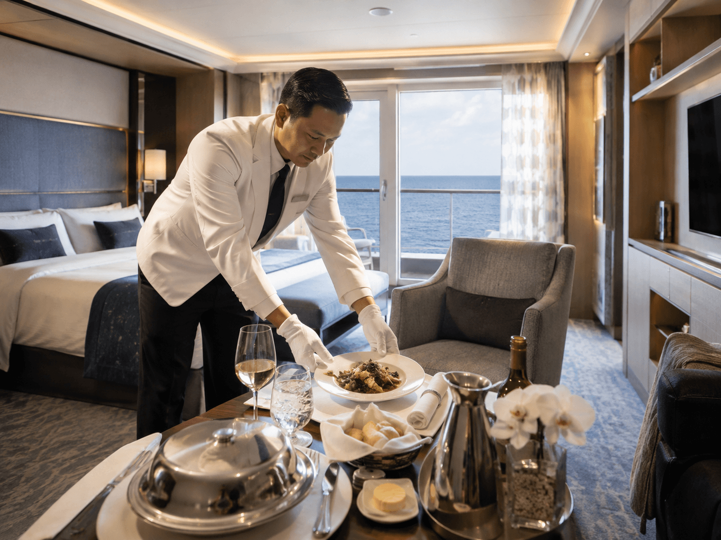 NCL Haven butler setting up in-suite dining service in a Norwegian suite