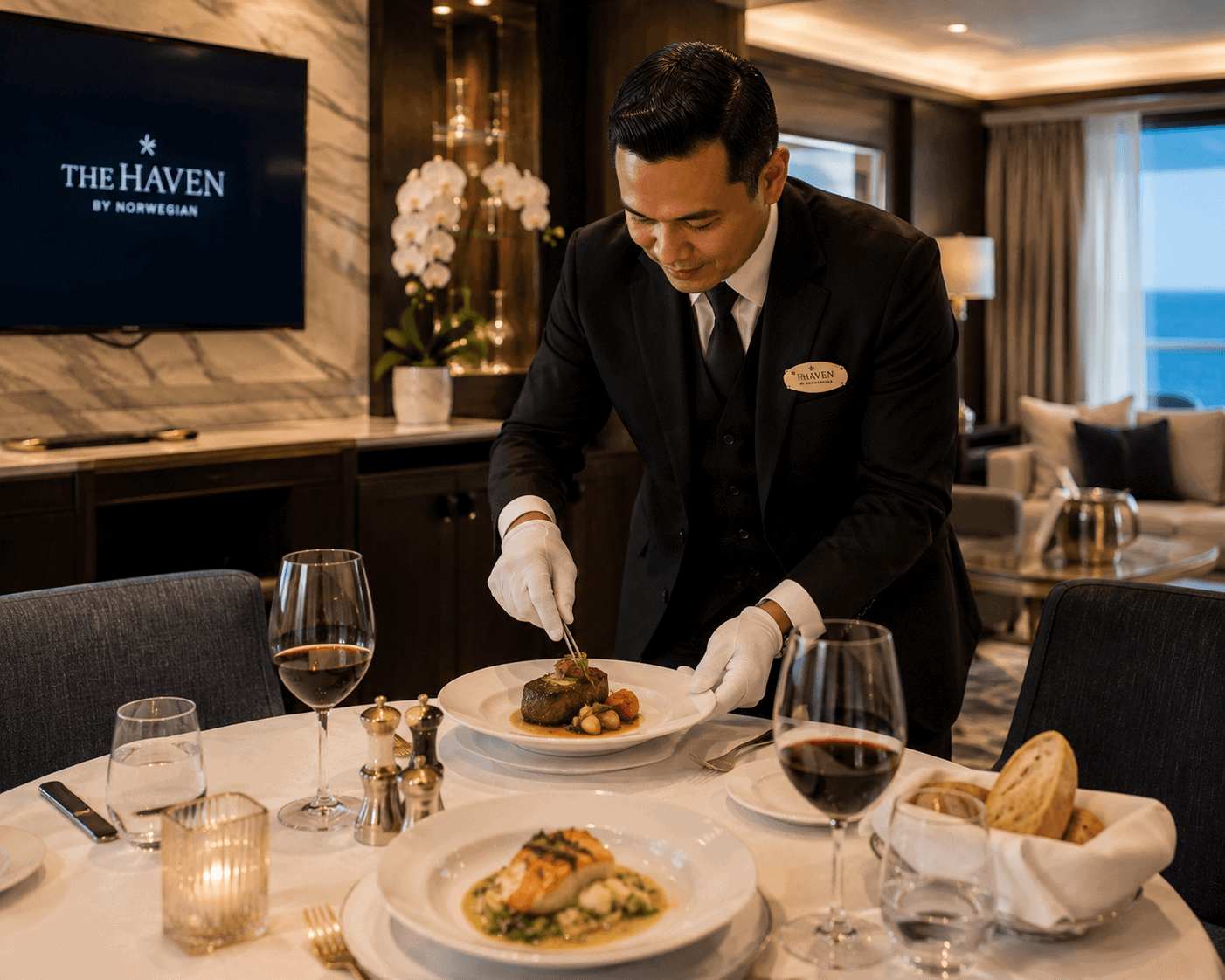 Haven butler plating a specialty restaurant dinner inside a Norwegian suite