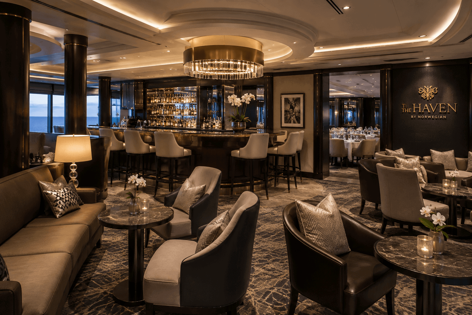 The Haven Lounge bar and seating area adjacent to the Haven Restaurant on a Norwegian ship
