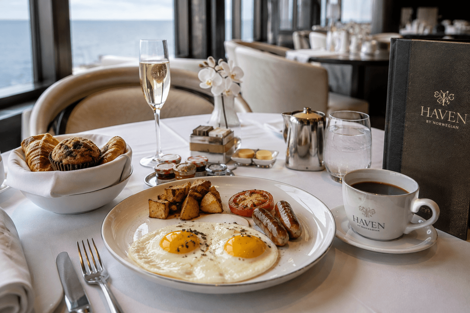 Breakfast service in the NCL Haven Restaurant with cooked-to-order eggs and coffee