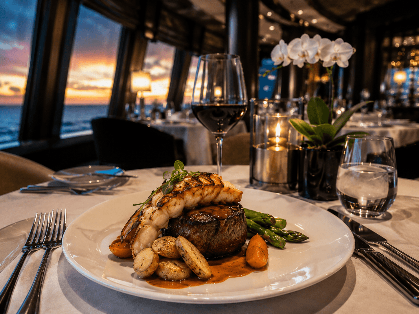 A plated entree at dinner in the NCL Haven Restaurant aboard a Breakaway Plus Class ship