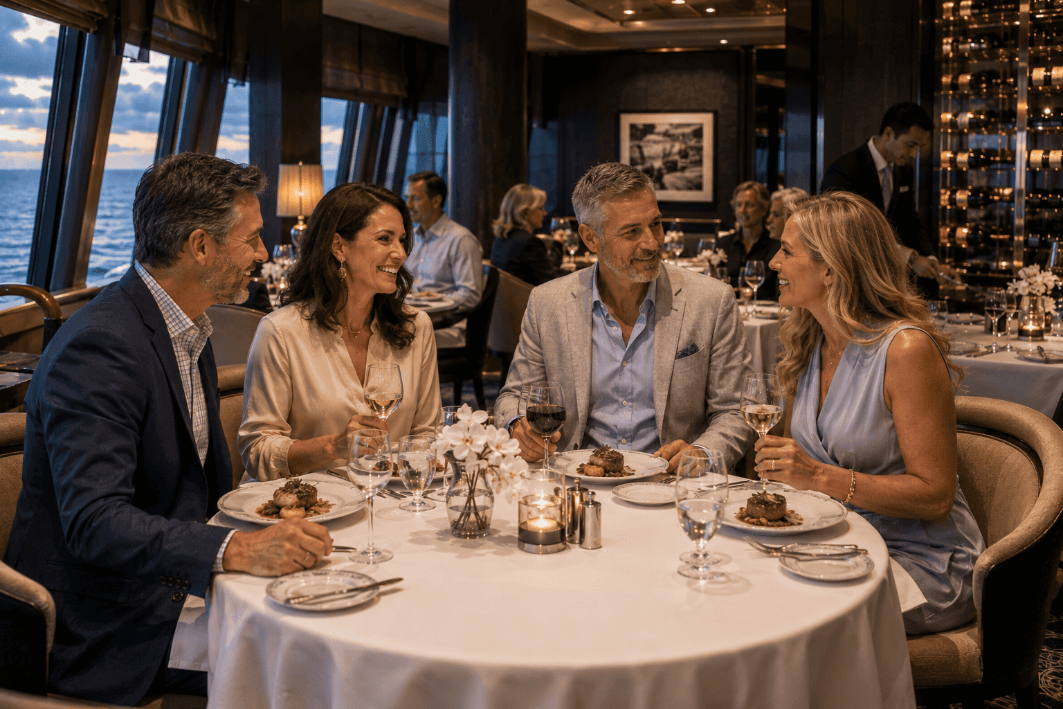 Guests dressed smart casual at dinner in the NCL Haven Restaurant under Norwegian's 2026 dress code