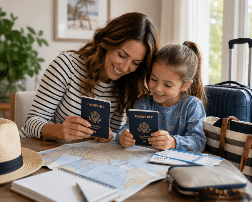 Parent and child reviewing passports before an international family vacation