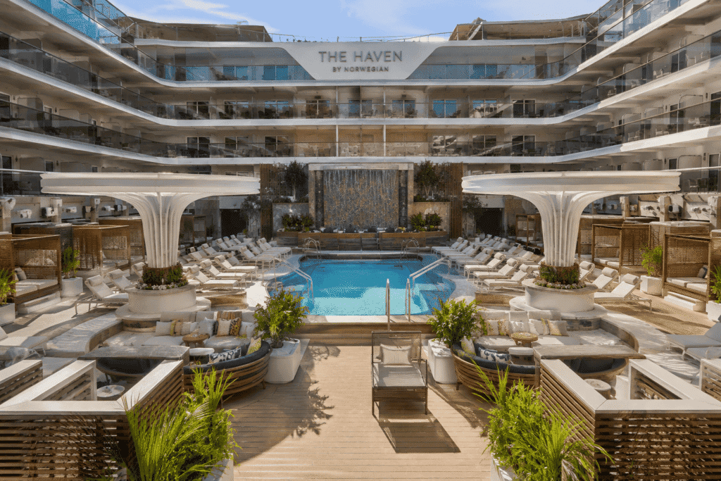 The Haven courtyard pool on a Norwegian Prima class ship, the private space at the center of the is-The-Haven-worth-it question