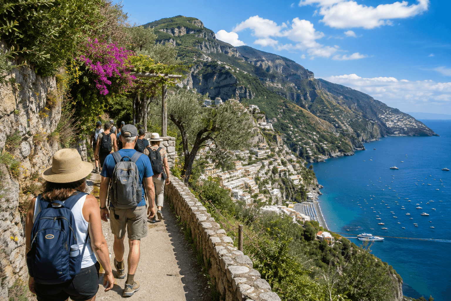Hikers on a coastal footpath above the Amalfi Coast on a small group walking tour