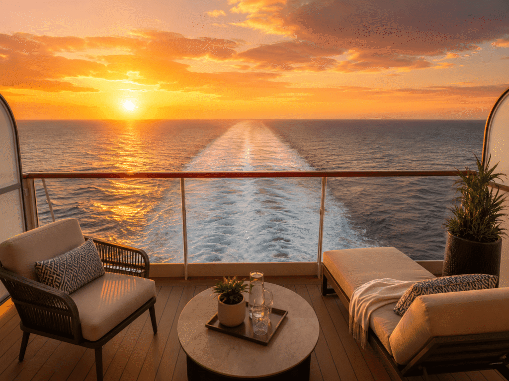 Aft facing Haven penthouse balcony with sunset wake view on a Norwegian ship