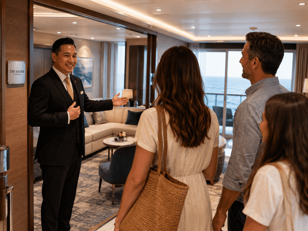 NCL Haven butler introducing himself to guests inside a Haven suite