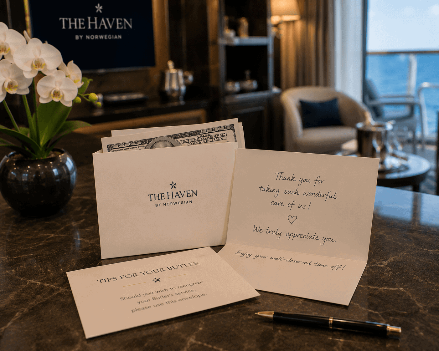 Cash tip envelope prepared for a Haven butler at the end of a Norwegian cruise