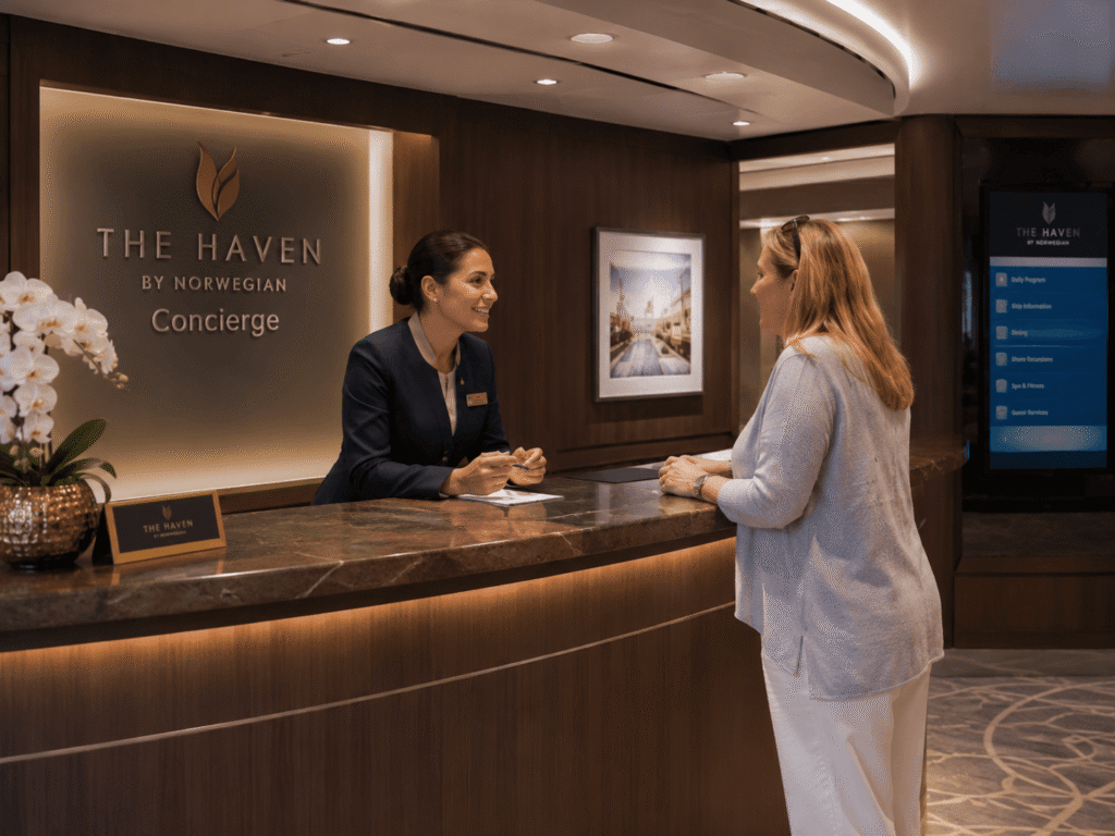 The Haven concierge desk on a Norwegian cruise ship with a concierge assisting a guest