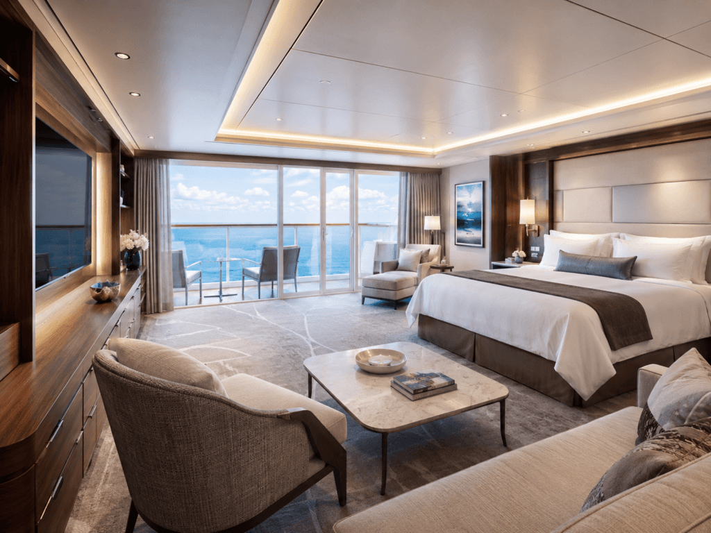 NCL Haven Penthouse Suite living area and balcony, the suite category served by a butler, concierge and stateroom steward