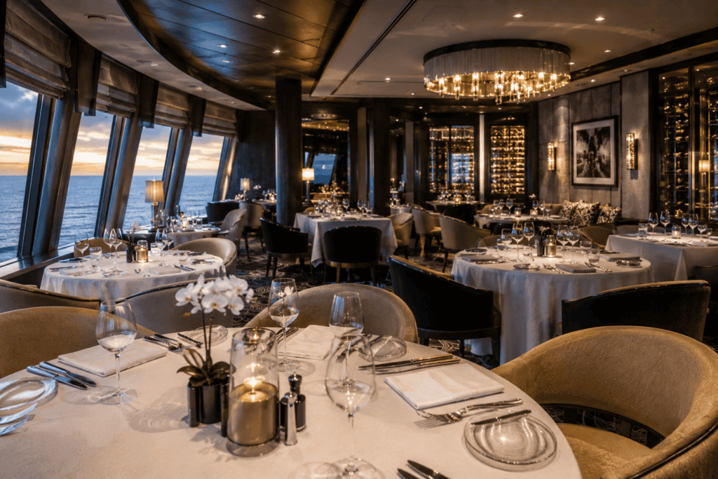 The NCL Haven Restaurant dining room set for dinner aboard a Norwegian Cruise Line ship