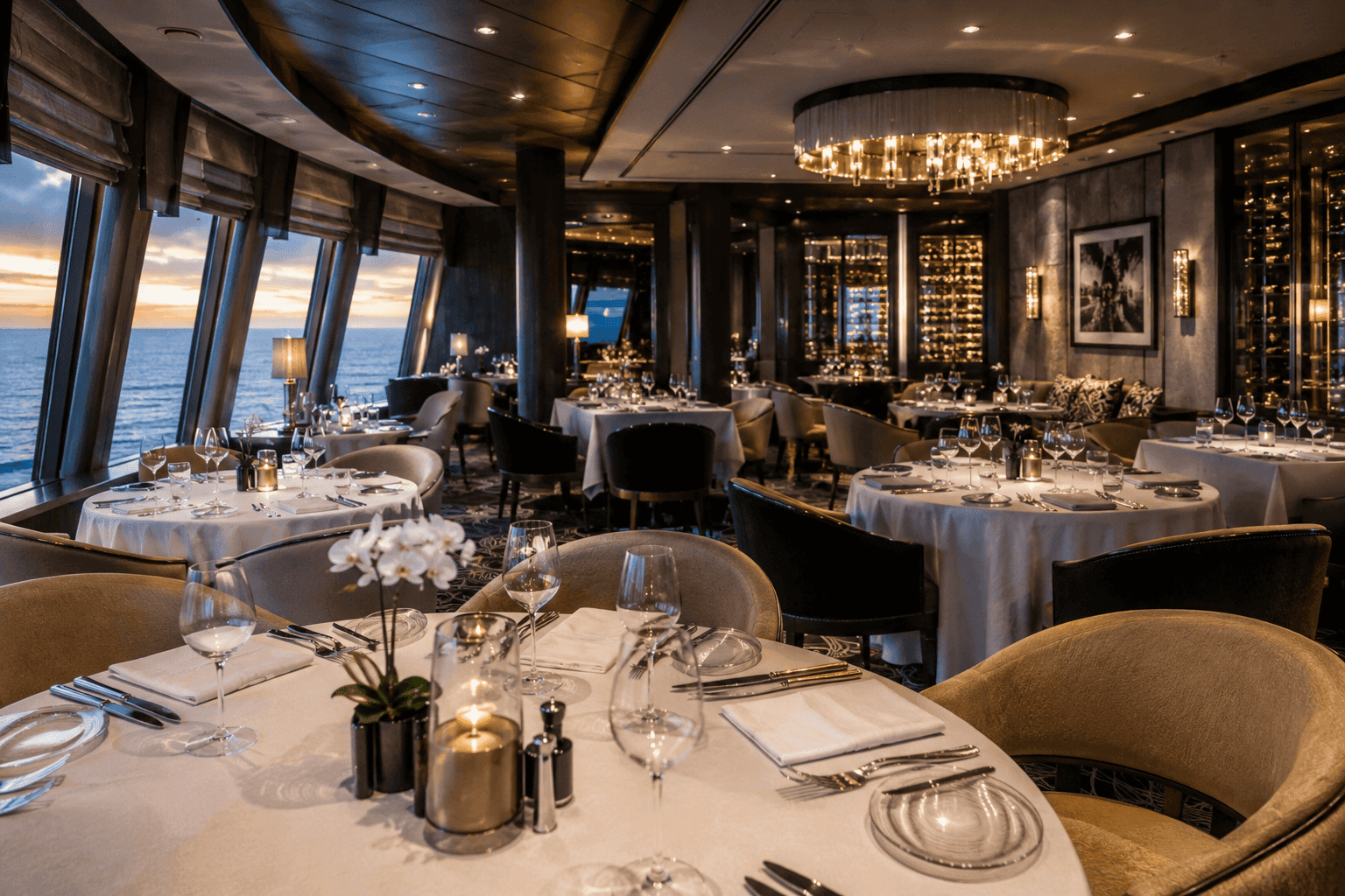 The NCL Haven Restaurant dining room set for dinner aboard a Norwegian Cruise Line ship