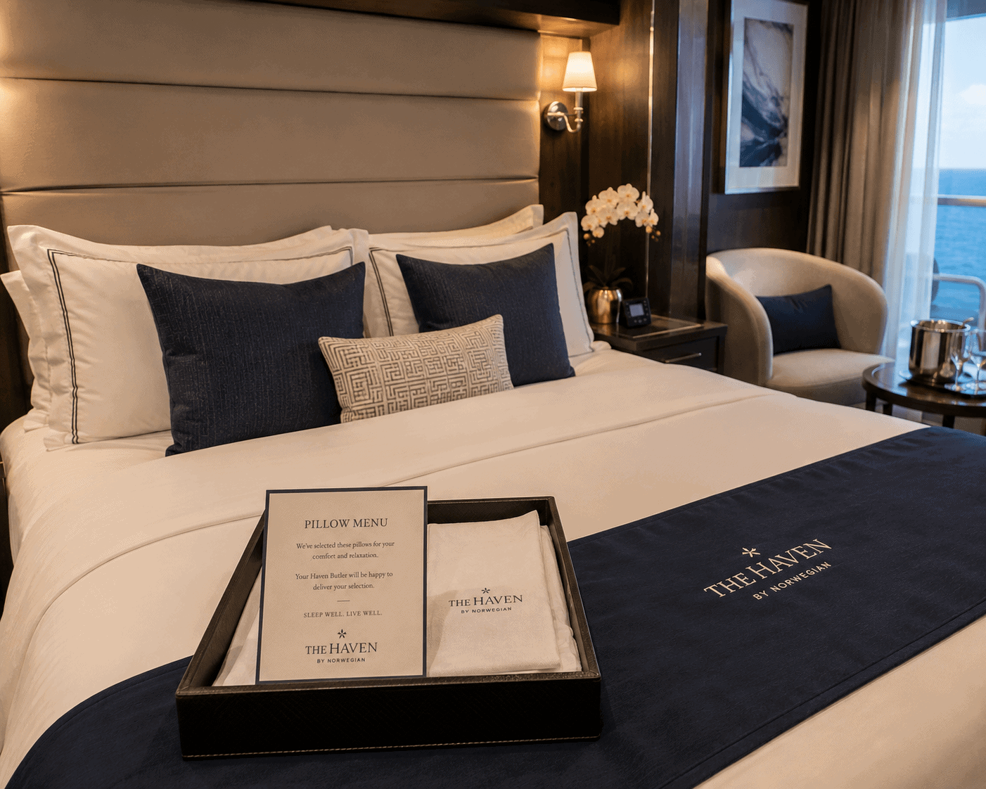 Haven suite bed made up with pillow menu selections on a Norwegian ship