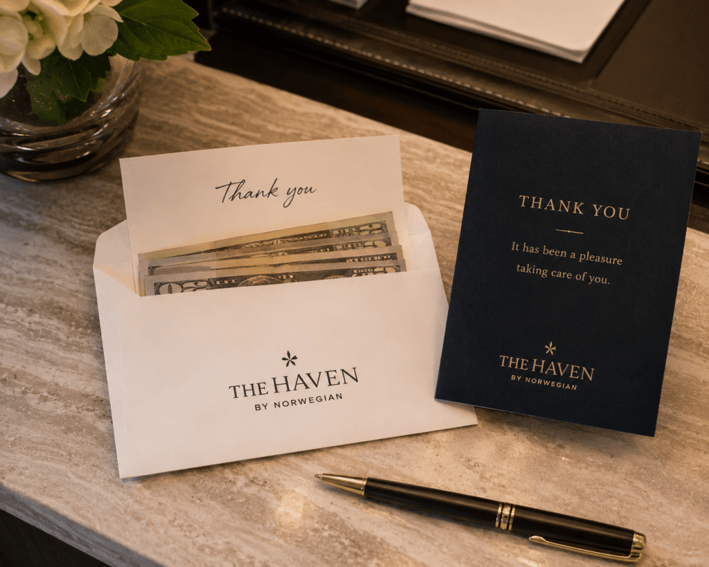 Cash tip envelope prepared for a Haven butler at the end of a cruise